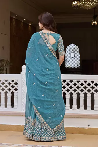 Aqua Blue Silk Blend Embroidered Lehenga Choli Set With Dupatta