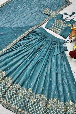 Aqua Blue Silk Blend Embroidered Lehenga Choli Set With Dupatta 4
