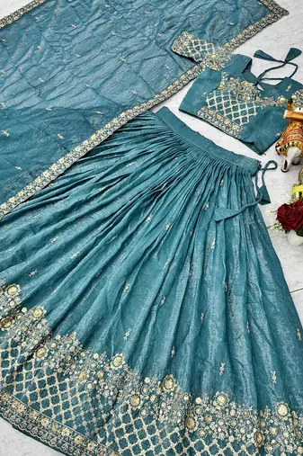Aqua Blue Silk Blend Embroidered Lehenga Choli Set With Dupatta