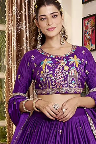 Purple Faux Crepe Silk Embroidered Lehenga Choli