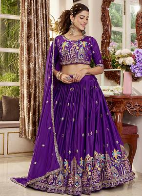 Purple Faux Crepe Silk Embroidered Lehenga Choli 1