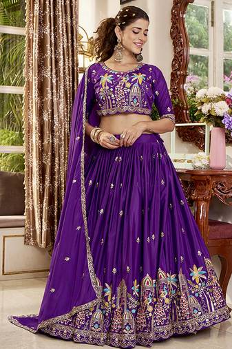 Purple Faux Crepe Silk Embroidered Lehenga Choli
