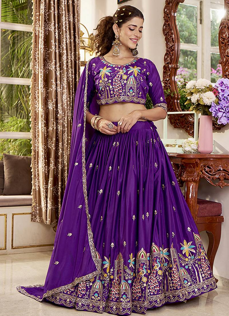 Purple Faux Crepe Silk Embroidered Lehenga Choli