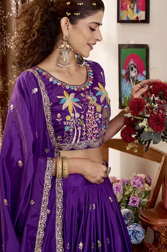 Purple Faux Crepe Silk Embroidered Lehenga Choli