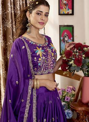 Purple Faux Crepe Silk Embroidered Lehenga Choli 4