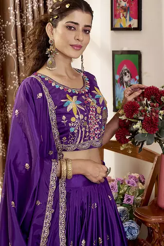 Purple Faux Crepe Silk Embroidered Lehenga Choli