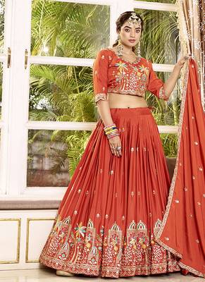 Orange Faux Crepe Silk Embroidered Lehenga Choli 1