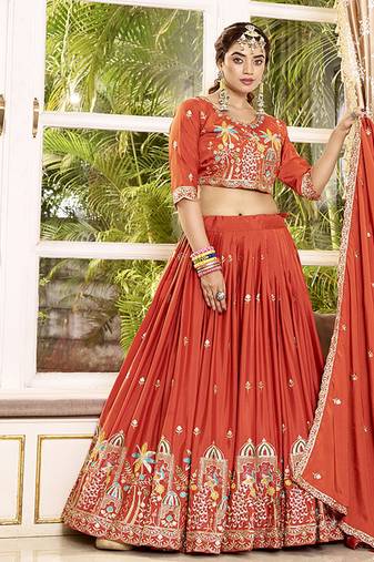 Orange Faux Crepe Silk Embroidered Lehenga Choli