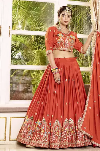 Orange Faux Crepe Silk Embroidered Lehenga Choli