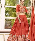 Orange Faux Crepe Silk Embroidered Lehenga Choli
