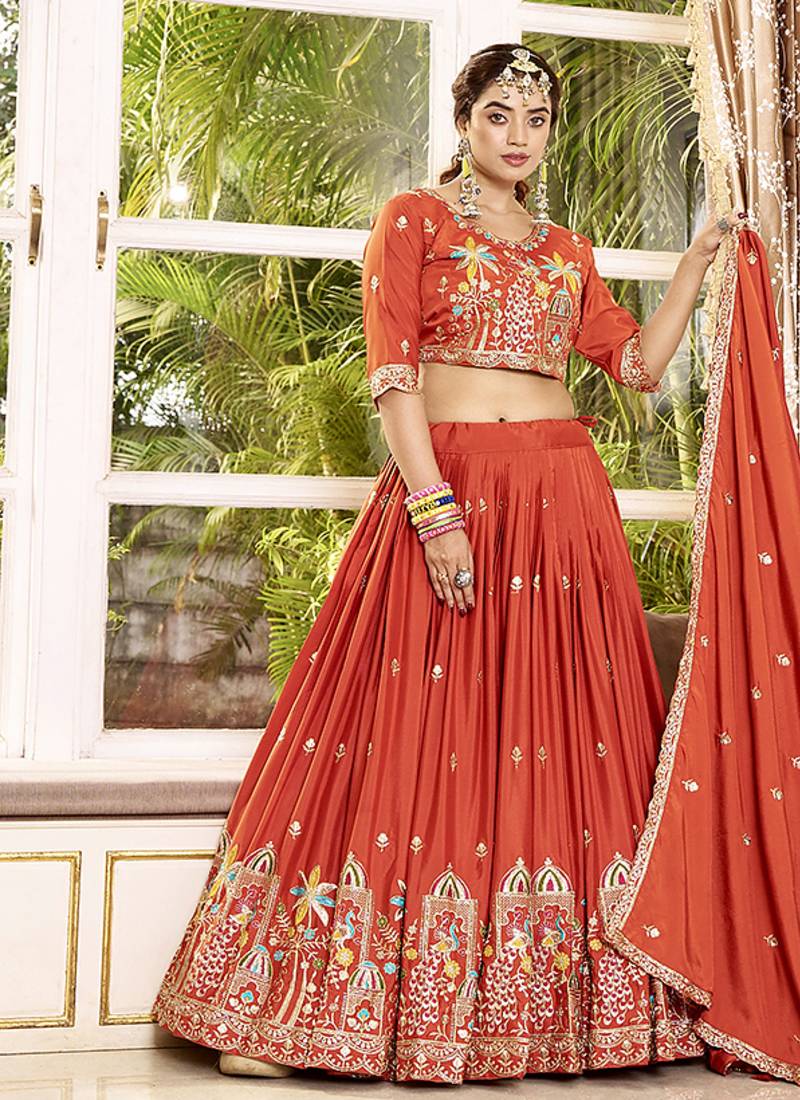 Orange Faux Crepe Silk Embroidered Lehenga Choli