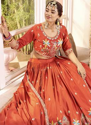 Orange Faux Crepe Silk Embroidered Lehenga Choli 2