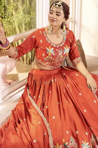 Orange Faux Crepe Silk Embroidered Lehenga Choli