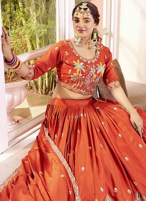 Orange Faux Crepe Silk Embroidered Lehenga Choli 3