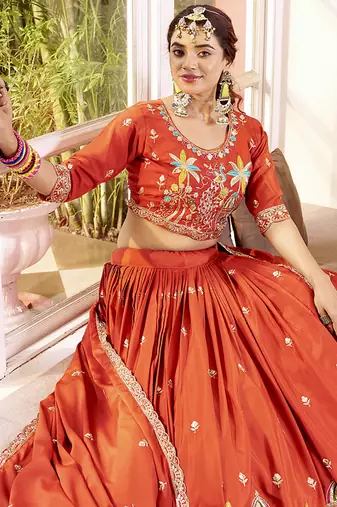 Orange Faux Crepe Silk Embroidered Lehenga Choli