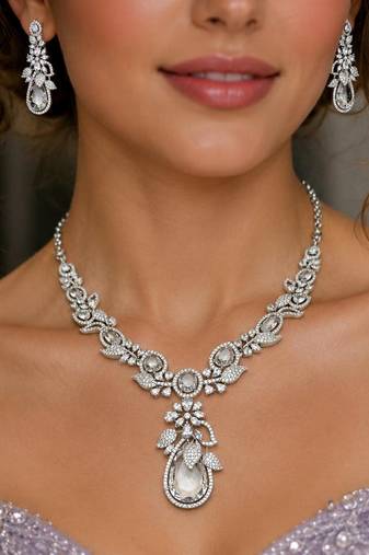 bridal cz necklace earring set marquise pear cut crystal statement jewellery