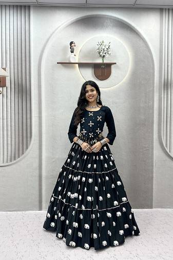 Black Cotton Blend Ribbon Work Navaratri Lehenga Choli