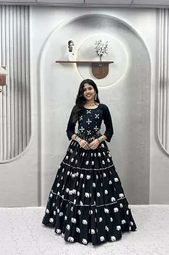 Black Cotton Blend Ribbon Work Navaratri Lehenga Choli
