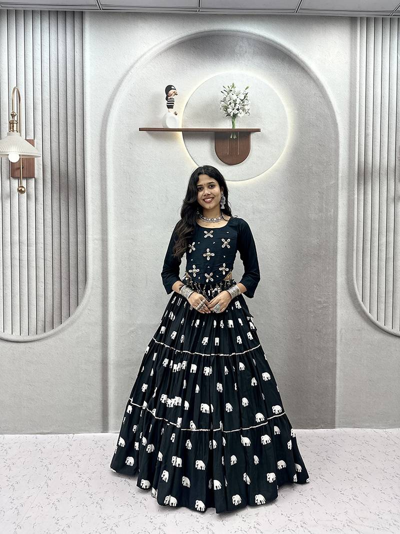 Black Cotton Blend Ribbon Work Navaratri Lehenga Choli
