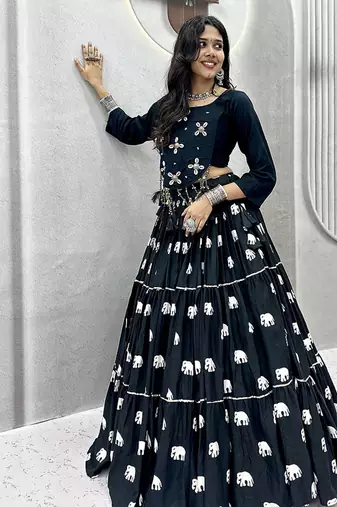 Black Cotton Blend Ribbon Work Navaratri Lehenga Choli