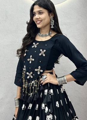 Black Cotton Blend Ribbon Work Navaratri Lehenga Choli 3