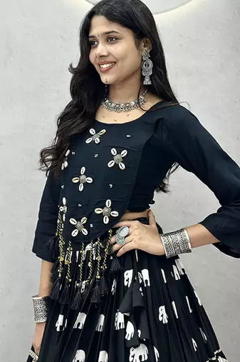 Black Cotton Blend Ribbon Work Navaratri Lehenga Choli