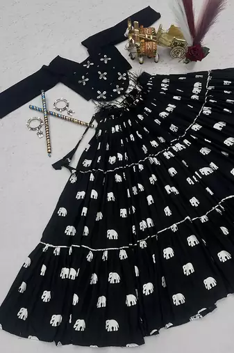 Black Cotton Blend Ribbon Work Navaratri Lehenga Choli