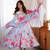 Sky blue floral print organza silk anarkali suit set with dupatta & pant