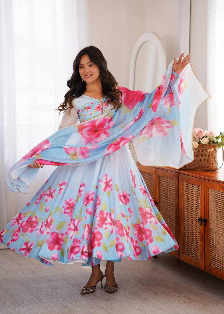 Sky blue floral print organza silk anarkali suit set with dupatta & pant
