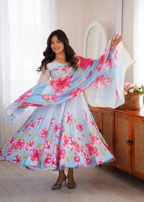 Sky blue floral print organza silk anarkali suit set with dupatta & pant 1