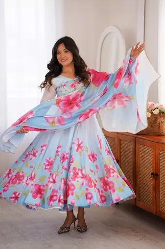 Sky blue floral print organza silk anarkali suit set with dupatta & pant