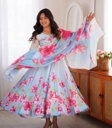 Sky blue floral print organza silk anarkali suit set with dupatta & pant