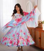 Sky blue floral print organza silk anarkali suit set with dupatta & pant