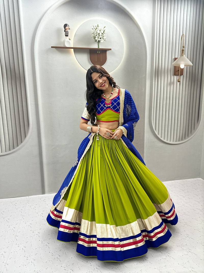 Parrot Green Cotton Blend Navratri Special Lehenga Choli