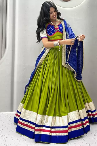Parrot Green Cotton Blend Navratri Special Lehenga Choli