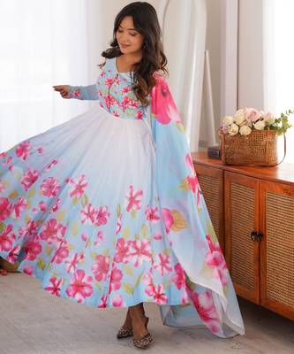 Sky blue floral print organza silk anarkali suit set with dupatta & pant 2