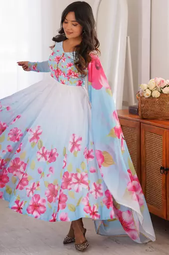 Sky blue floral print organza silk anarkali suit set with dupatta & pant