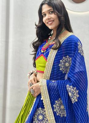 Parrot Green Cotton Blend Navratri Special Lehenga Choli 3