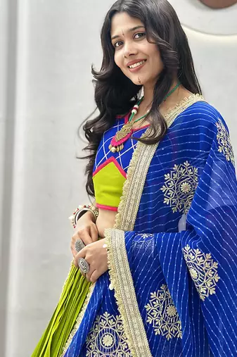 Parrot Green Cotton Blend Navratri Special Lehenga Choli
