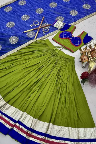 Parrot Green Cotton Blend Navratri Special Lehenga Choli