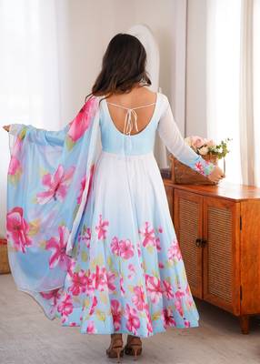 Sky blue floral print organza silk anarkali suit set with dupatta & pant 3
