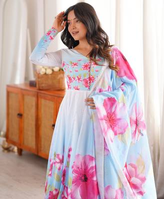 Sky blue floral print organza silk anarkali suit set with dupatta & pant 4
