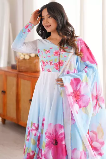 Sky blue floral print organza silk anarkali suit set with dupatta & pant