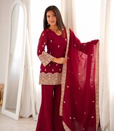 Maroon embroidered crunchy silk kurta palazzo set with dupatta