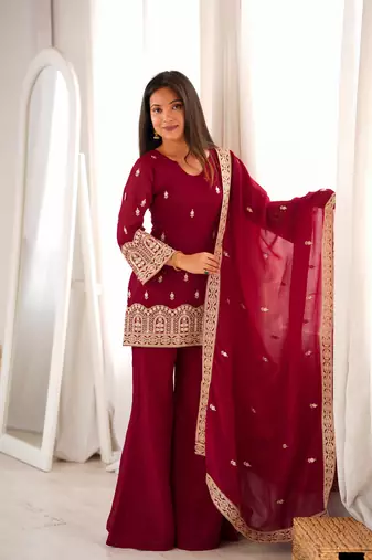 Maroon embroidered crunchy silk kurta palazzo set with dupatta