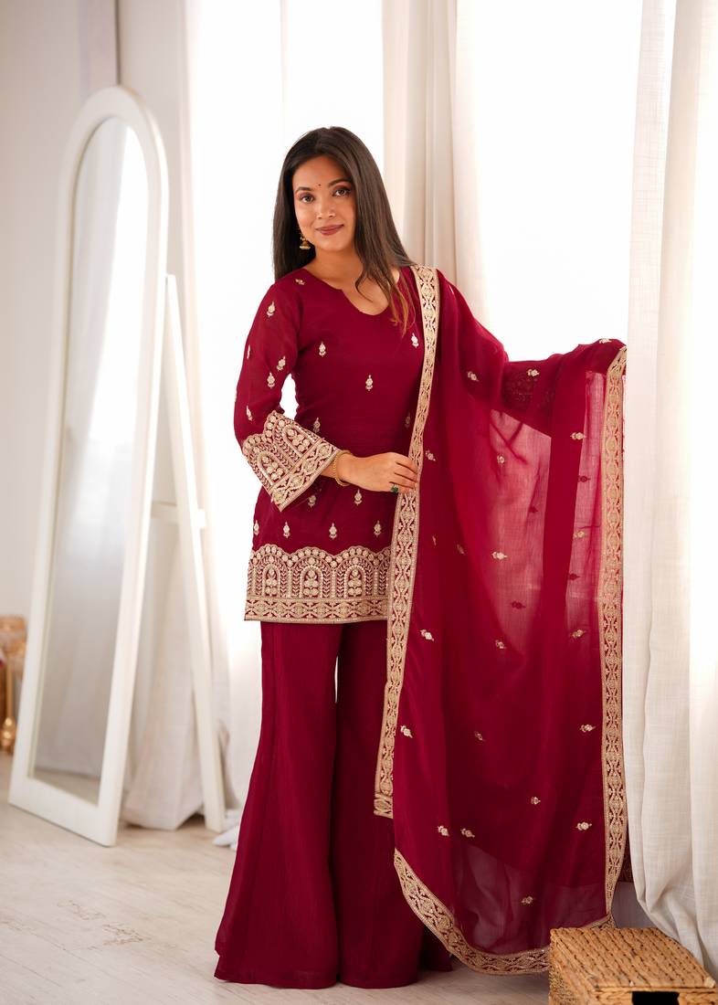 Maroon embroidered crunchy silk kurta palazzo set with dupatta