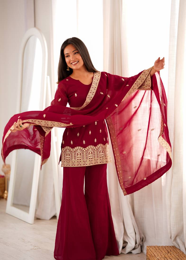 Maroon embroidered crunchy silk kurta palazzo set with dupatta