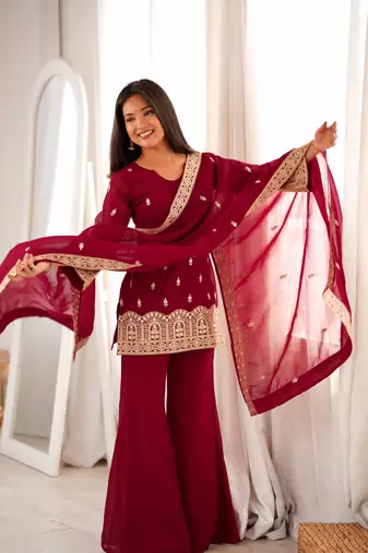Maroon embroidered crunchy silk kurta palazzo set with dupatta