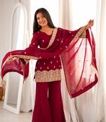 Maroon embroidered crunchy silk kurta palazzo set with dupatta