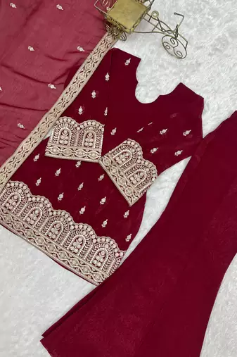 Maroon embroidered crunchy silk kurta palazzo set with dupatta